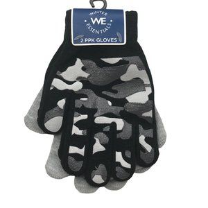 2 Pair Pack Winter Essentials Boys One Size Black Vinyl Camo Gray Plain Gloves